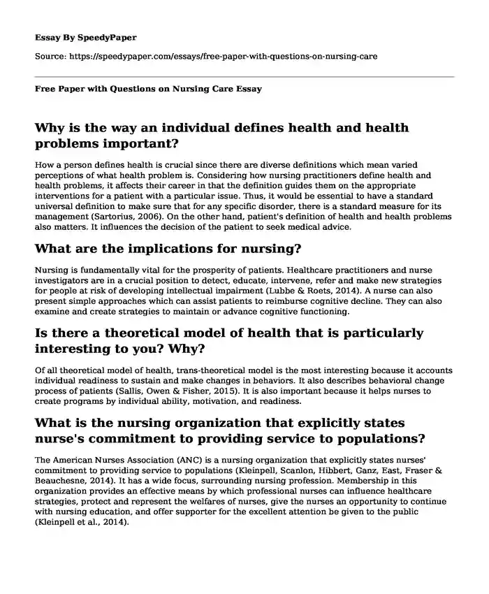 Free Paper with Questions on Nursing Care