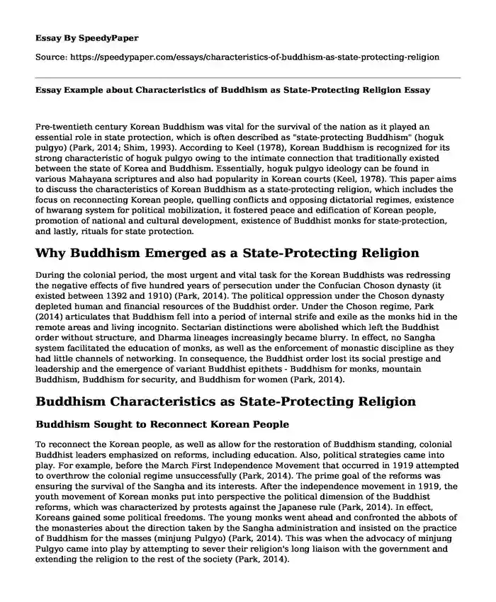 Essay Example about Characteristics of Buddhism as State-Protecting Religion