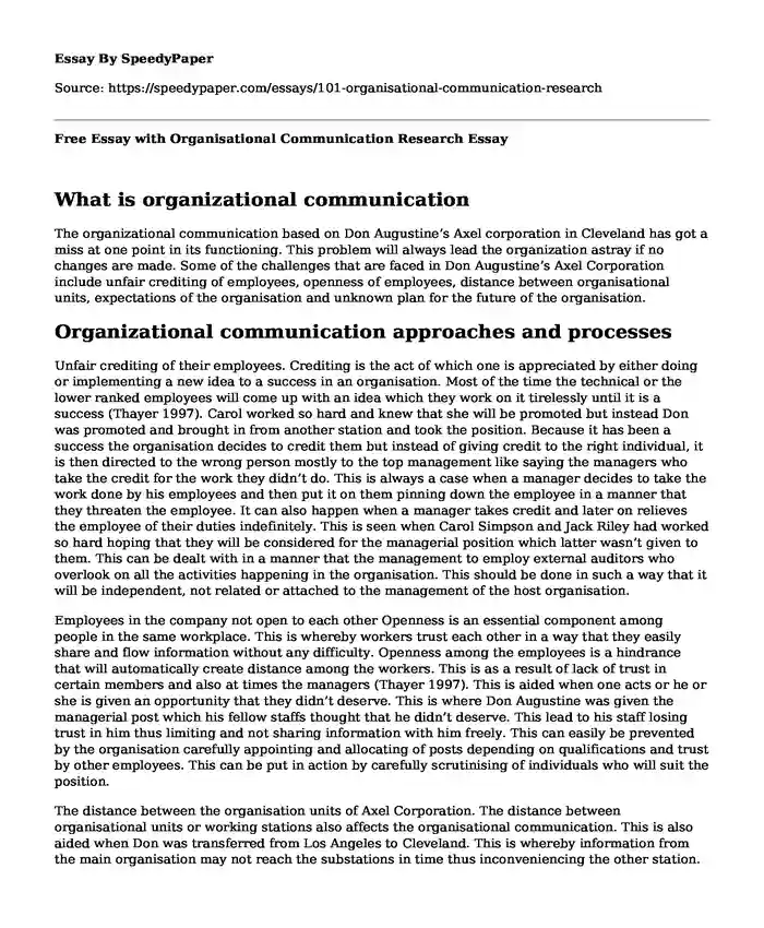 Free Essay with Organisational Communication Research