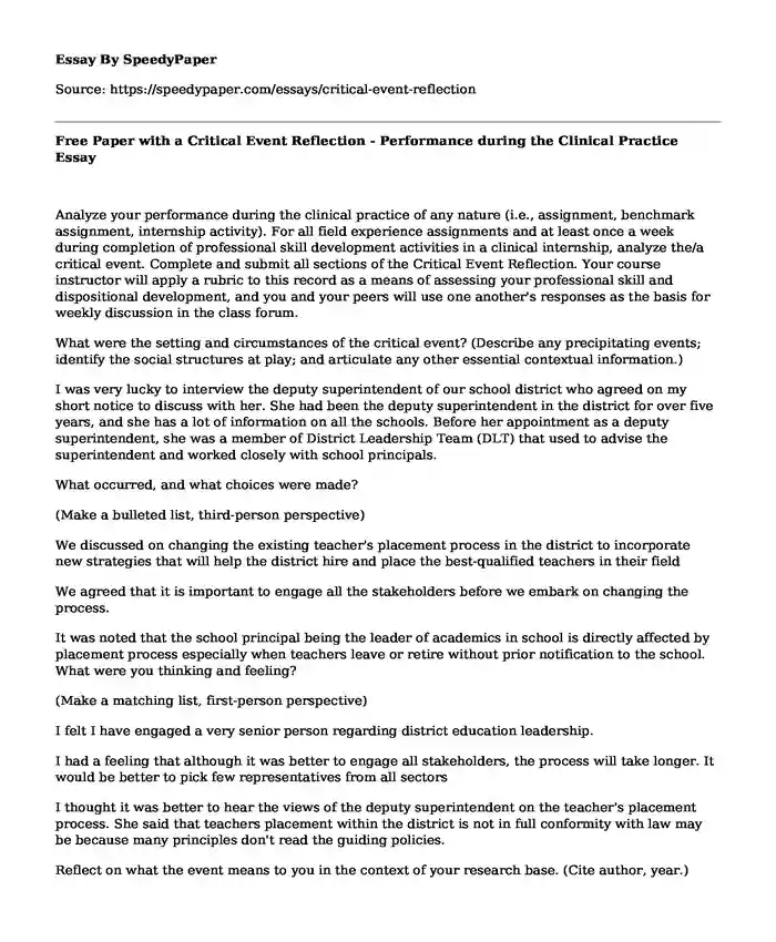 Free Paper with a Critical Event Reflection - Performance during the Clinical Practice