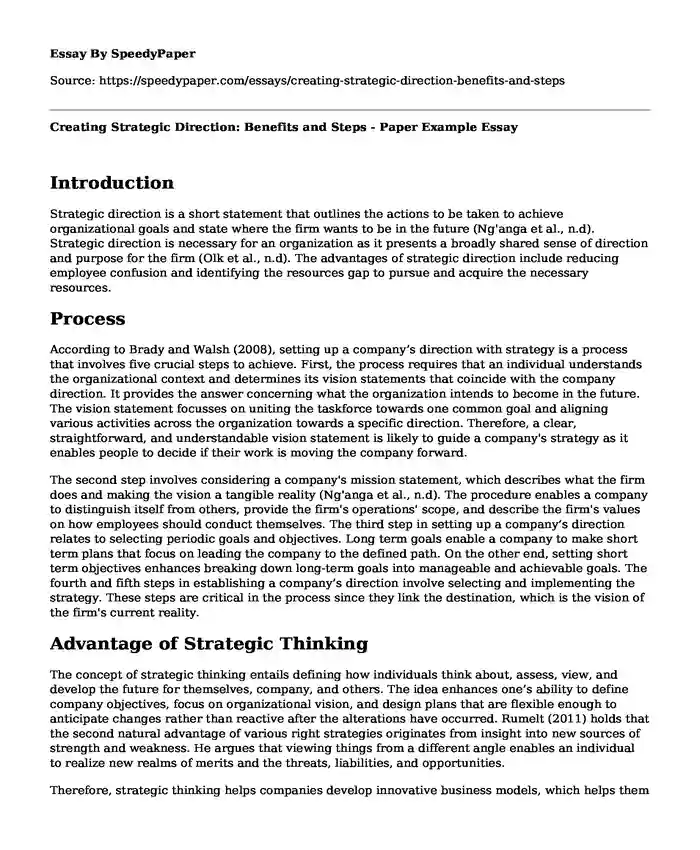 Creating Strategic Direction: Benefits and Steps - Paper Example