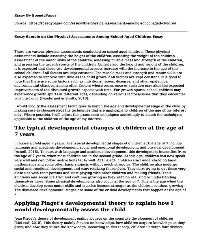 Essay Sample on the Physical Assessments Among School-Aged Children