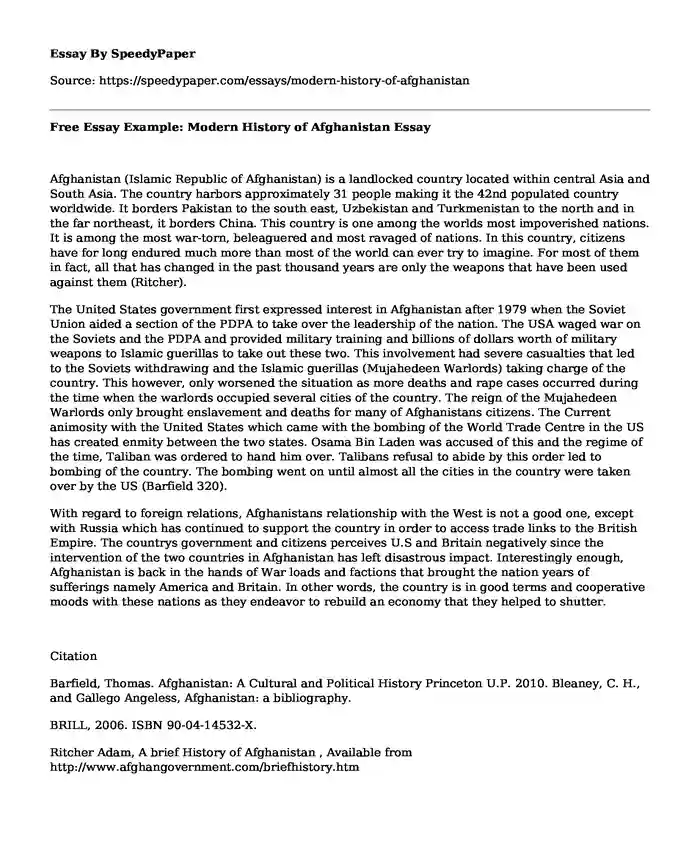 Free Essay Example: Modern History of Afghanistan