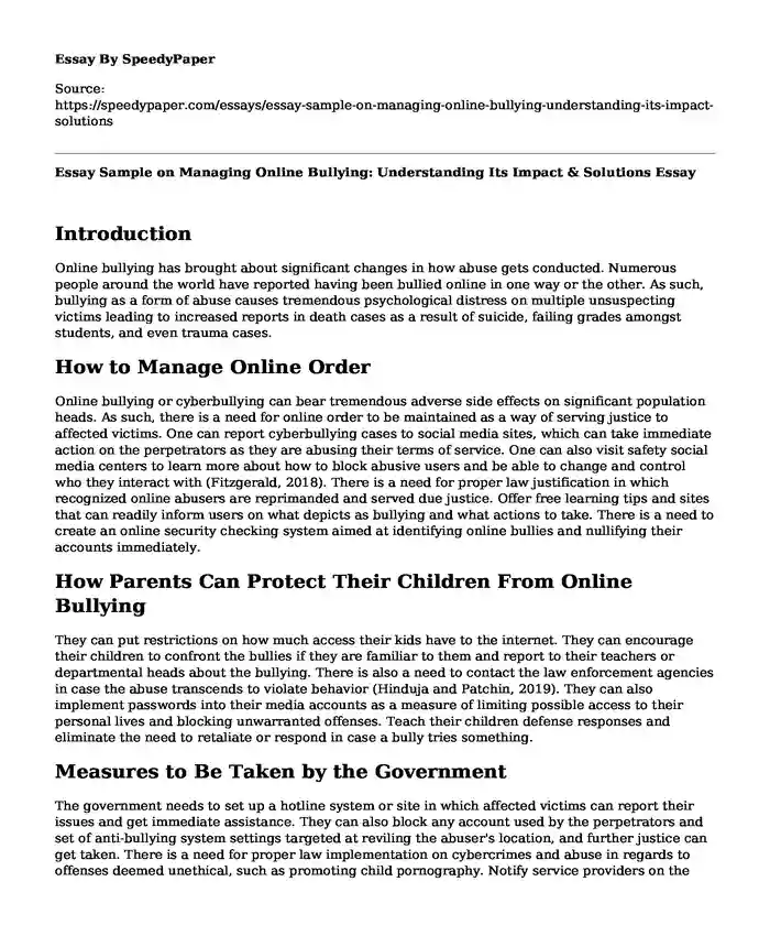 Essay Sample on Managing Online Bullying: Understanding Its Impact & Solutions