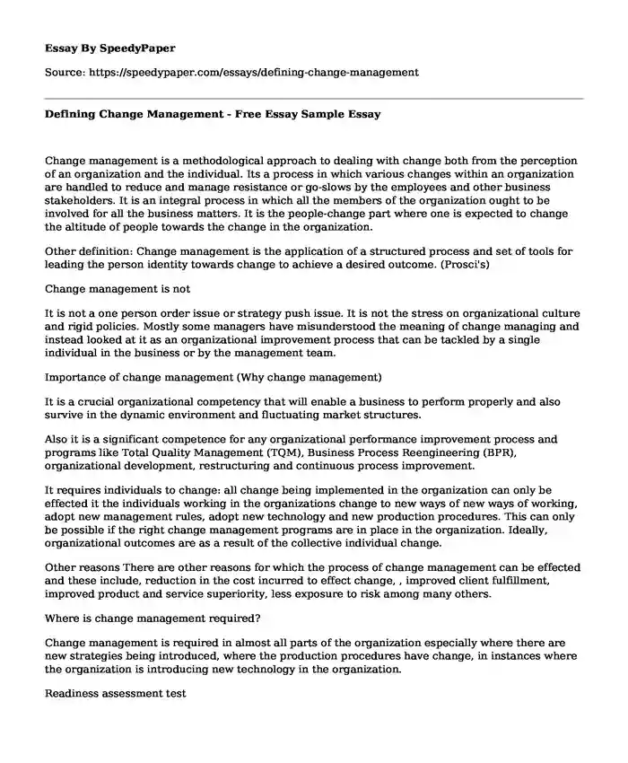 Defining Change Management - Free Essay Sample