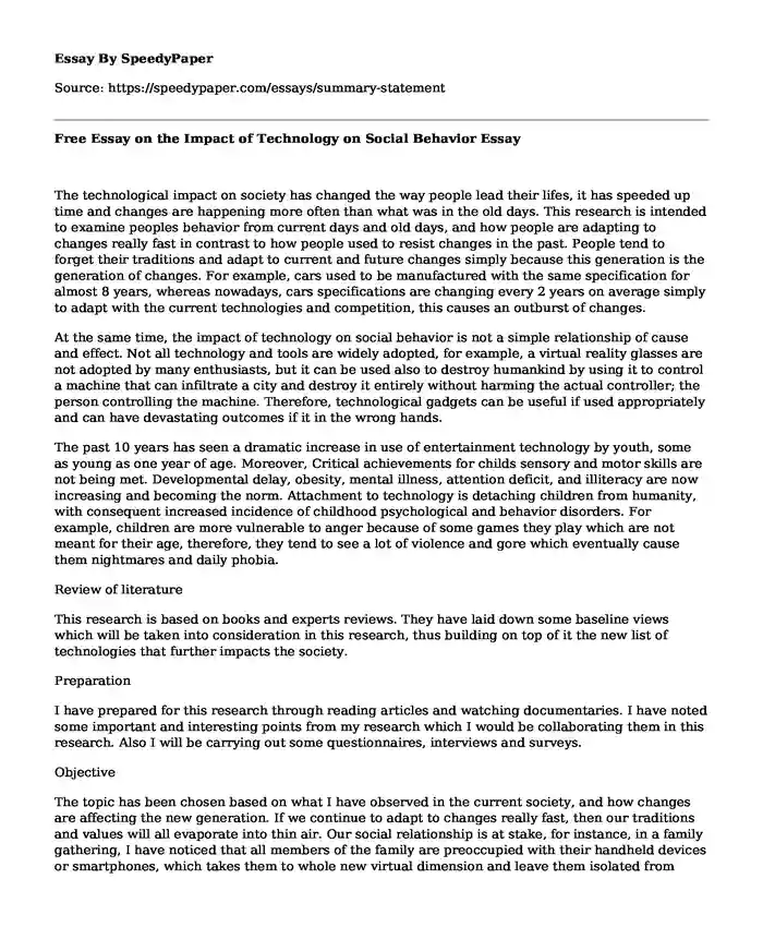 Free Essay on the Impact of Technology on Social Behavior