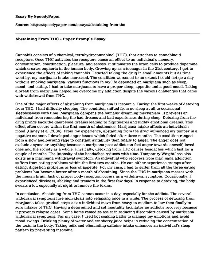 Abstaining From THC - Paper Example