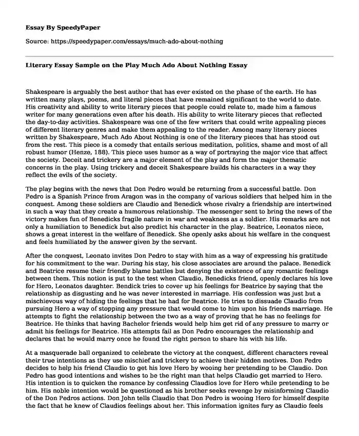 Literary Essay Sample on the Play Much Ado About Nothing