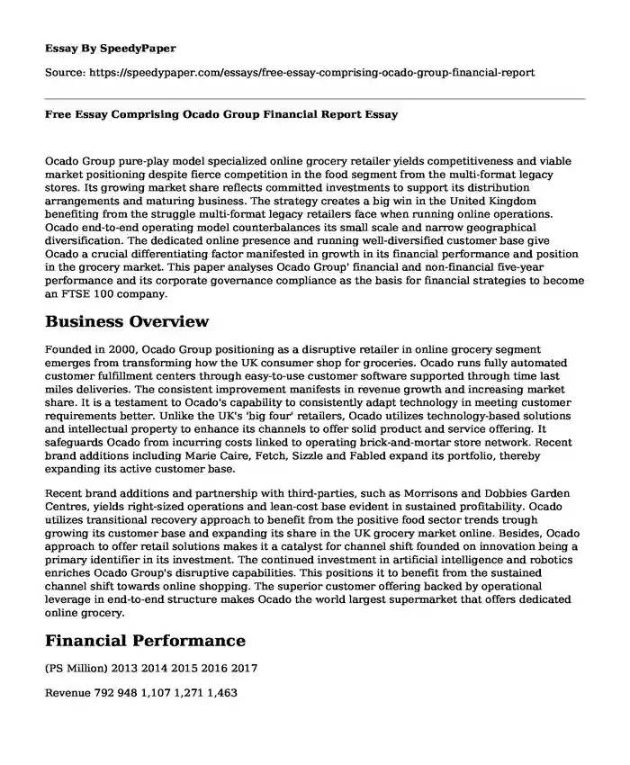 Free Essay Comprising Ocado Group Financial Report