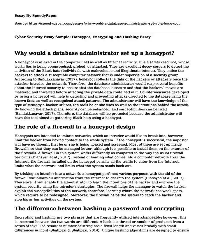 Cyber Security Essay Sample: Honeypot, Encrypting and Hashing
