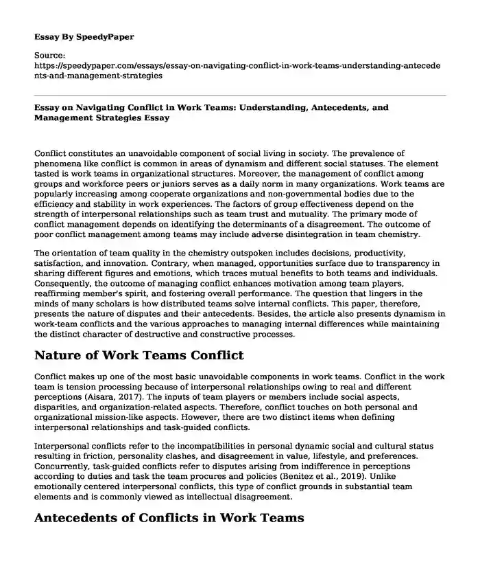 Essay on Navigating Conflict in Work Teams: Understanding, Antecedents, and Management Strategies