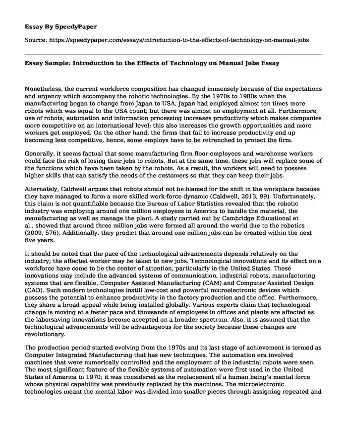 Essay Sample: Introduction to the Effects of Technology on Manual Jobs