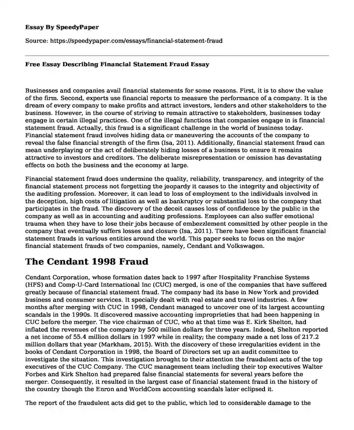 Free Essay Describing Financial Statement Fraud
