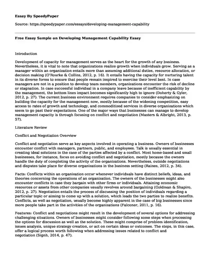 Free Essay Sample on Developing Management Capability