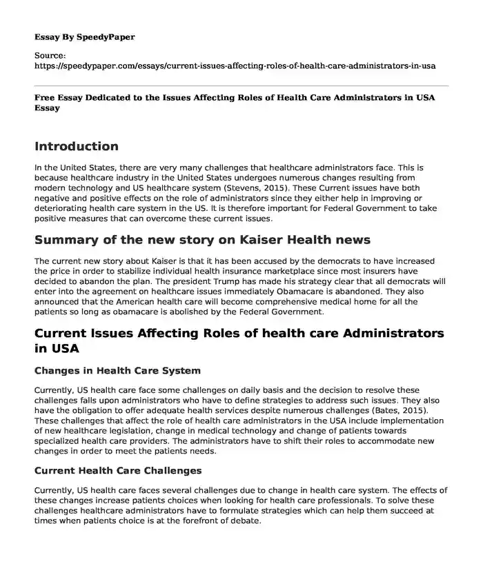 Free Essay Dedicated to the Issues Affecting Roles of Health Care Administrators in USA