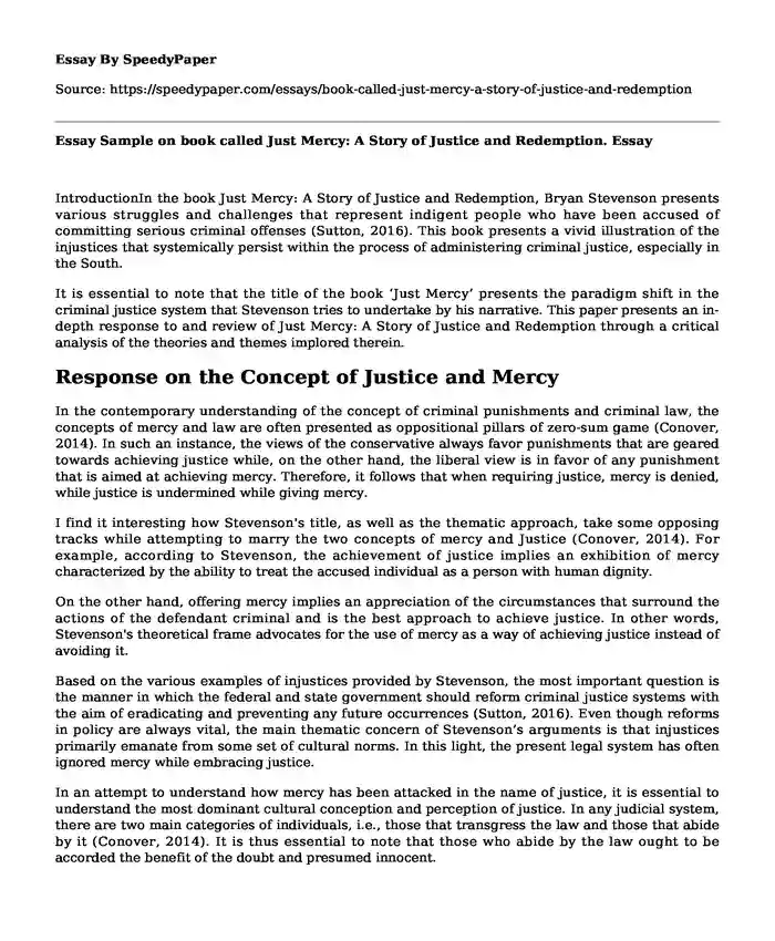 Essay Sample on book called Just Mercy: A Story of Justice and Redemption.