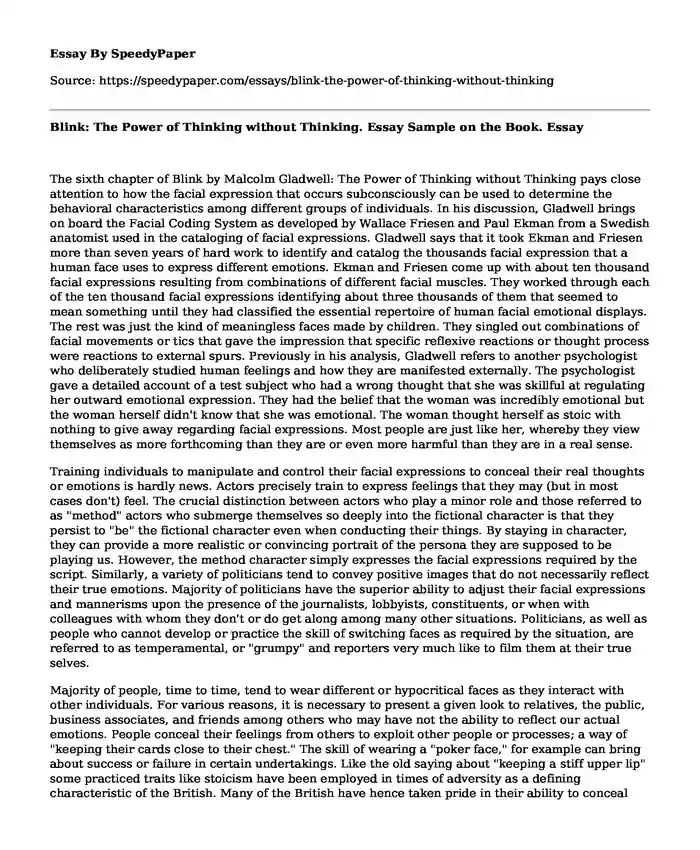 Blink: The Power of Thinking without Thinking. Essay Sample on the Book.