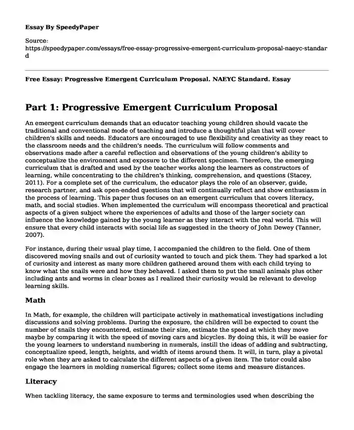 Free Essay: Progressive Emergent Curriculum Proposal. NAEYC Standard.