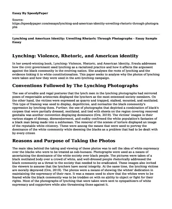 Lynching and American Identity: Unveiling Rhetoric Through Photographs - Essay Sample