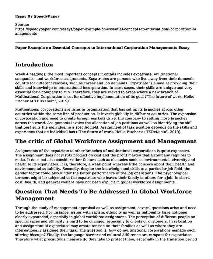 Paper Example on Essential Concepts to International Corporation Managements