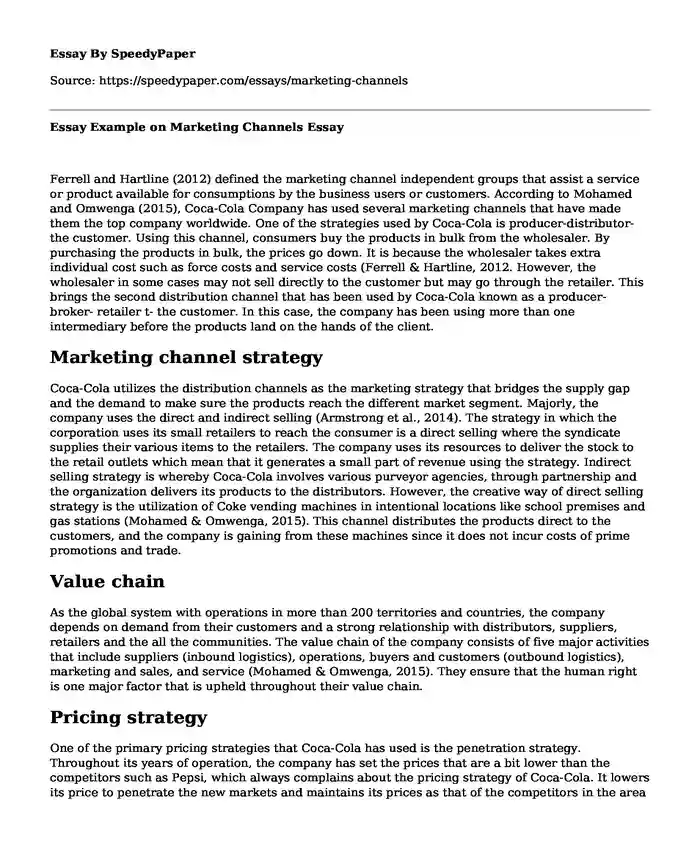 Essay Example on Marketing Channels