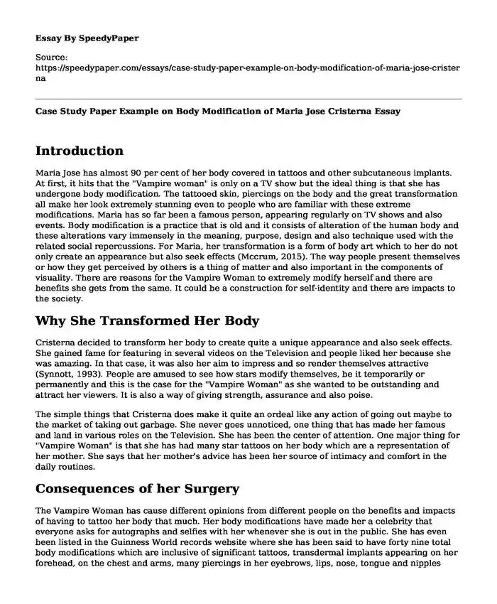 Case Study Paper Example on Body Modification of Maria Jose Cristerna
