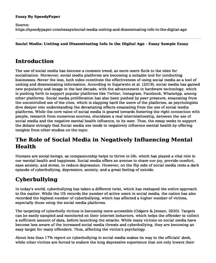Social Media: Uniting and Disseminating Info in the Digital Age - Essay Sample