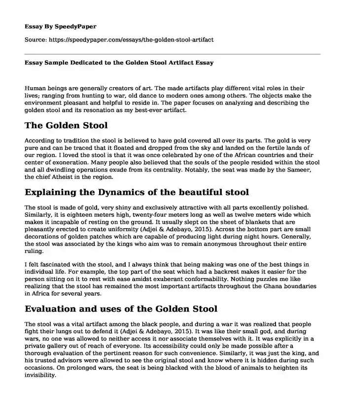 Essay Sample Dedicated to the Golden Stool Artifact