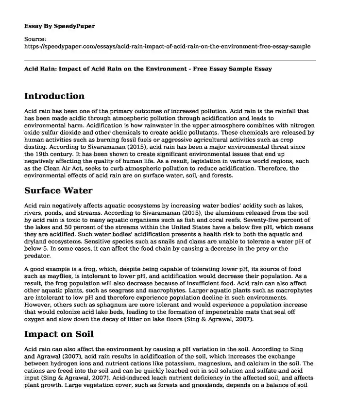 Acid Rain: Impact of Acid Rain on the Environment - Free Essay Sample