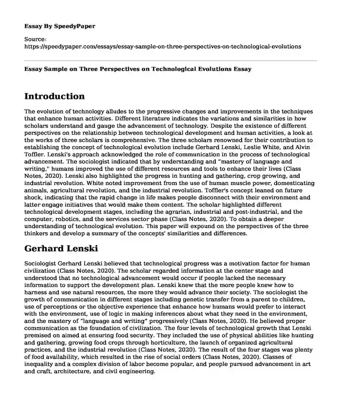 Essay Sample on Three Perspectives on Technological Evolutions