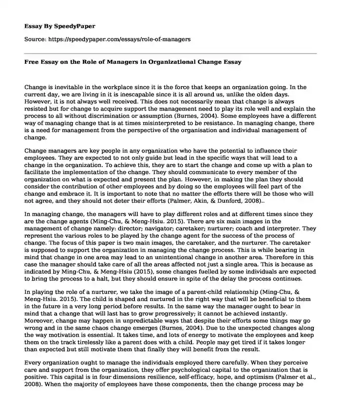 Free Essay on the Role of Managers in Organizational Change