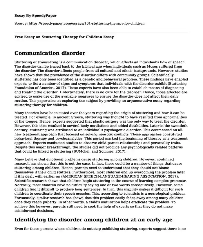 Free Essay on Stuttering Therapy for Children