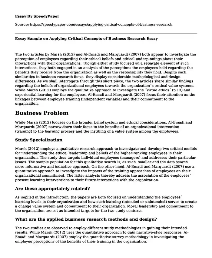 Essay Sample on Applying Critical Concepts of Business Research