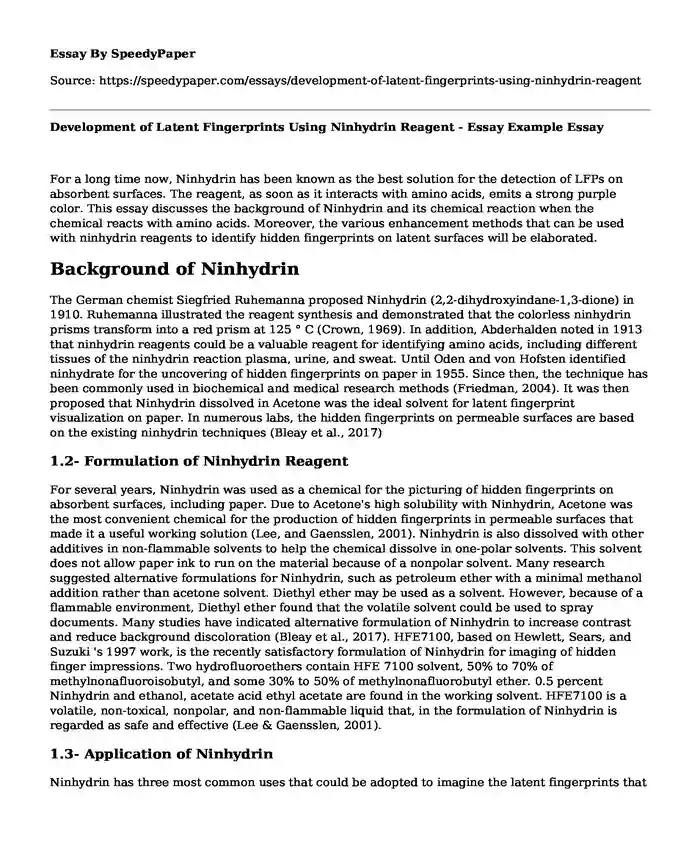 Development of Latent Fingerprints Using Ninhydrin Reagent - Essay Example