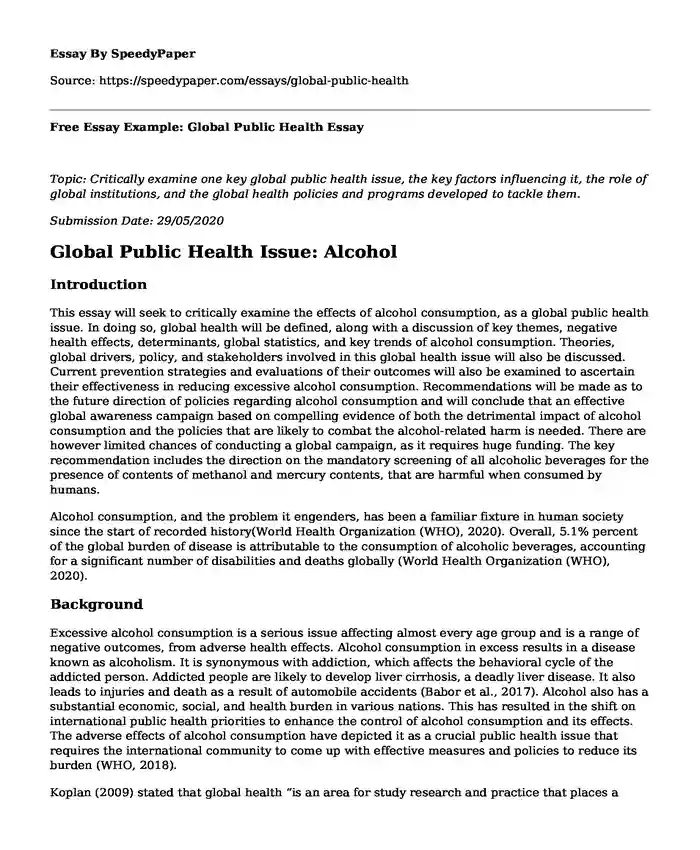 Free Essay Example: Global Public Health