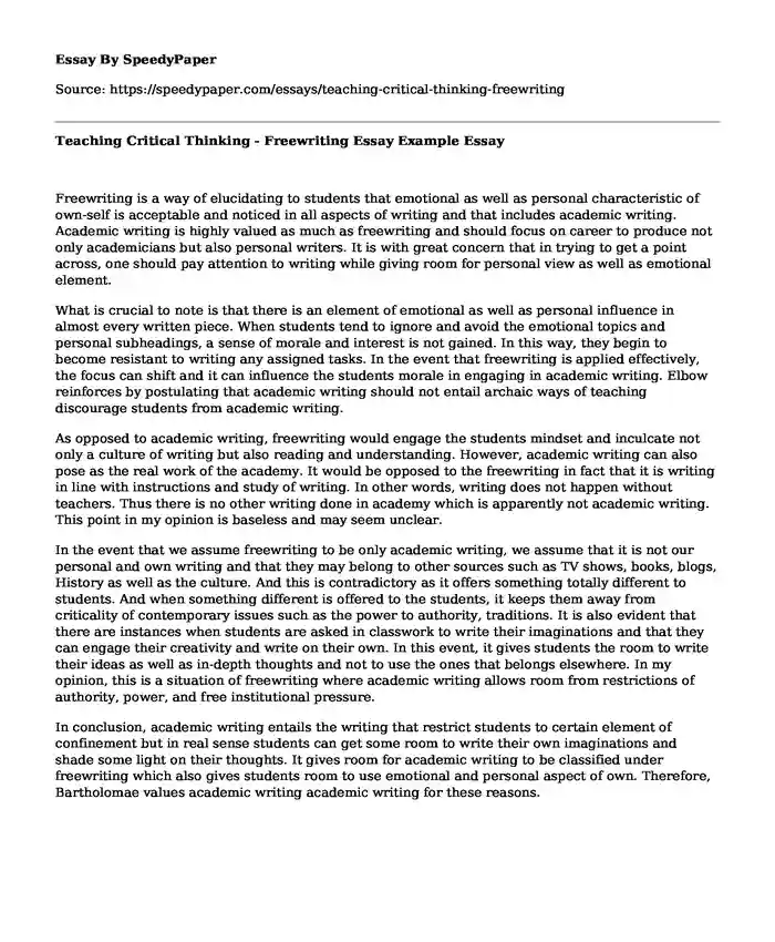 Teaching Critical Thinking - Freewriting Essay Example