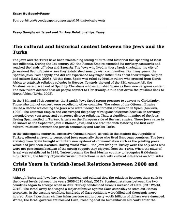 Essay Sample on Israel and Turkey Relationships
