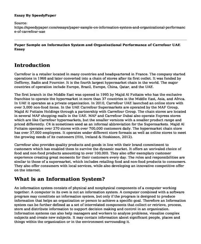 Paper Sample on Information System and Organizational Performance of Carrefour UAE