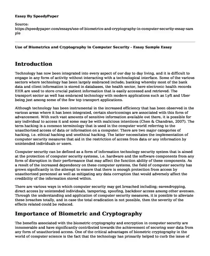 Use of Biometrics and Cryptography in Computer Security - Essay Sample