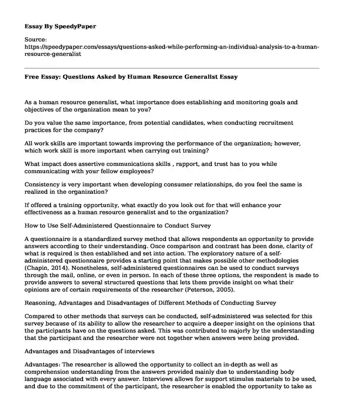 Free Essay: Questions Asked by Human Resource Generalist