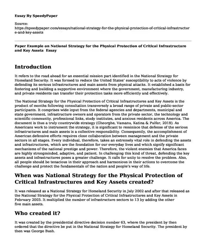 Paper Example on National Strategy for the Physical Protection of Critical Infrastructure and Key Assets 