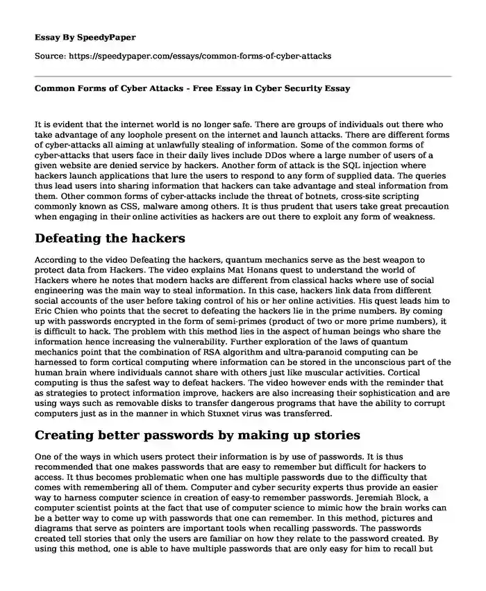 Common Forms of Cyber Attacks - Free Essay in Cyber Security