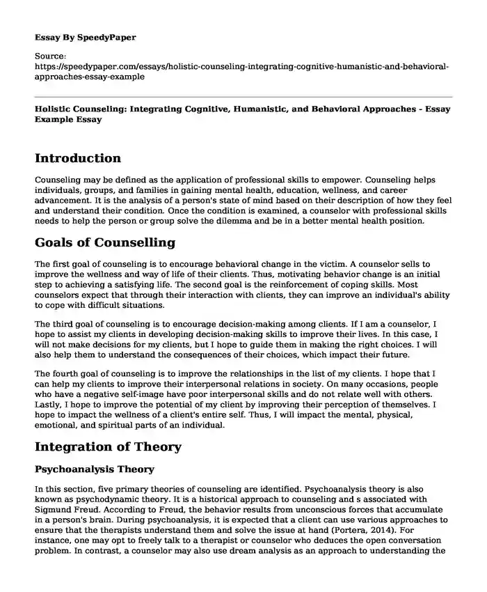 Holistic Counseling: Integrating Cognitive, Humanistic, and Behavioral Approaches - Essay Example