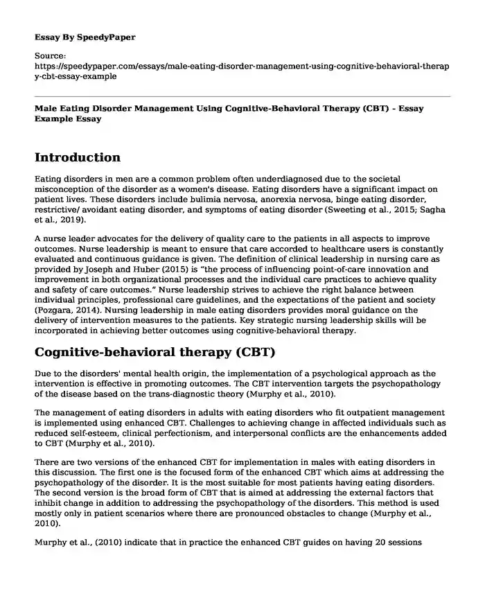 Male Eating Disorder Management Using Cognitive-Behavioral Therapy (CBT) - Essay Example
