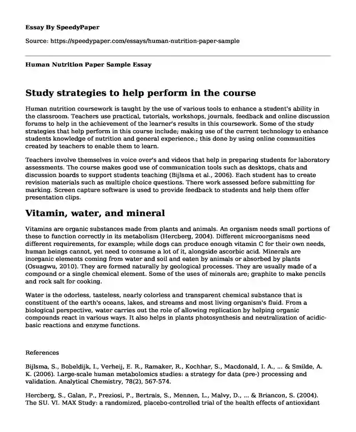 Human Nutrition Paper Sample