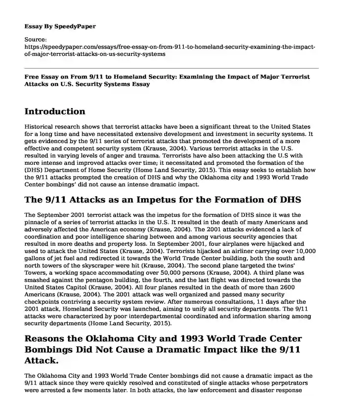 Free Essay on From 9/11 to Homeland Security: Examining the Impact of Major Terrorist Attacks on U.S. Security Systems