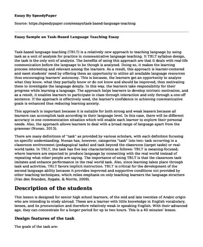 Essay Sample on Task-Based Language Teaching