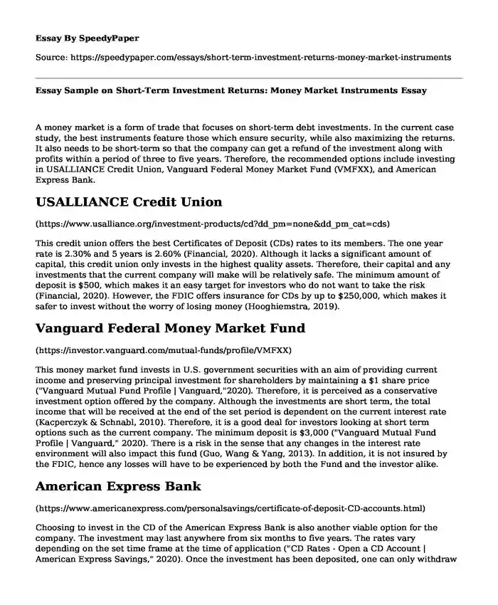 Essay Sample on Short-Term Investment Returns: Money Market Instruments