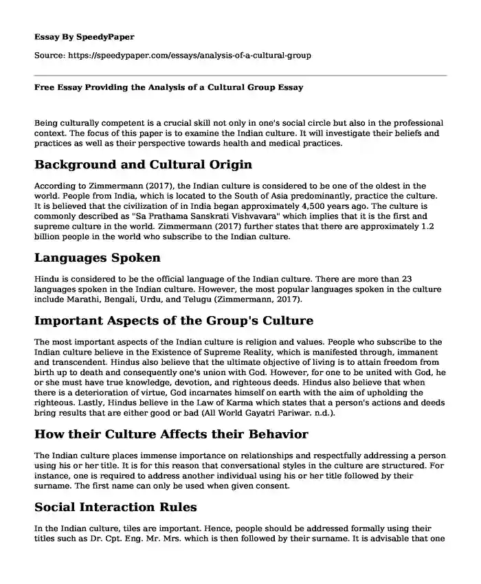 Free Essay Providing the Analysis of a Cultural Group