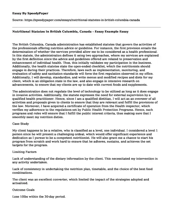 Nutritional Statutes in British Columbia, Canada - Essay Example